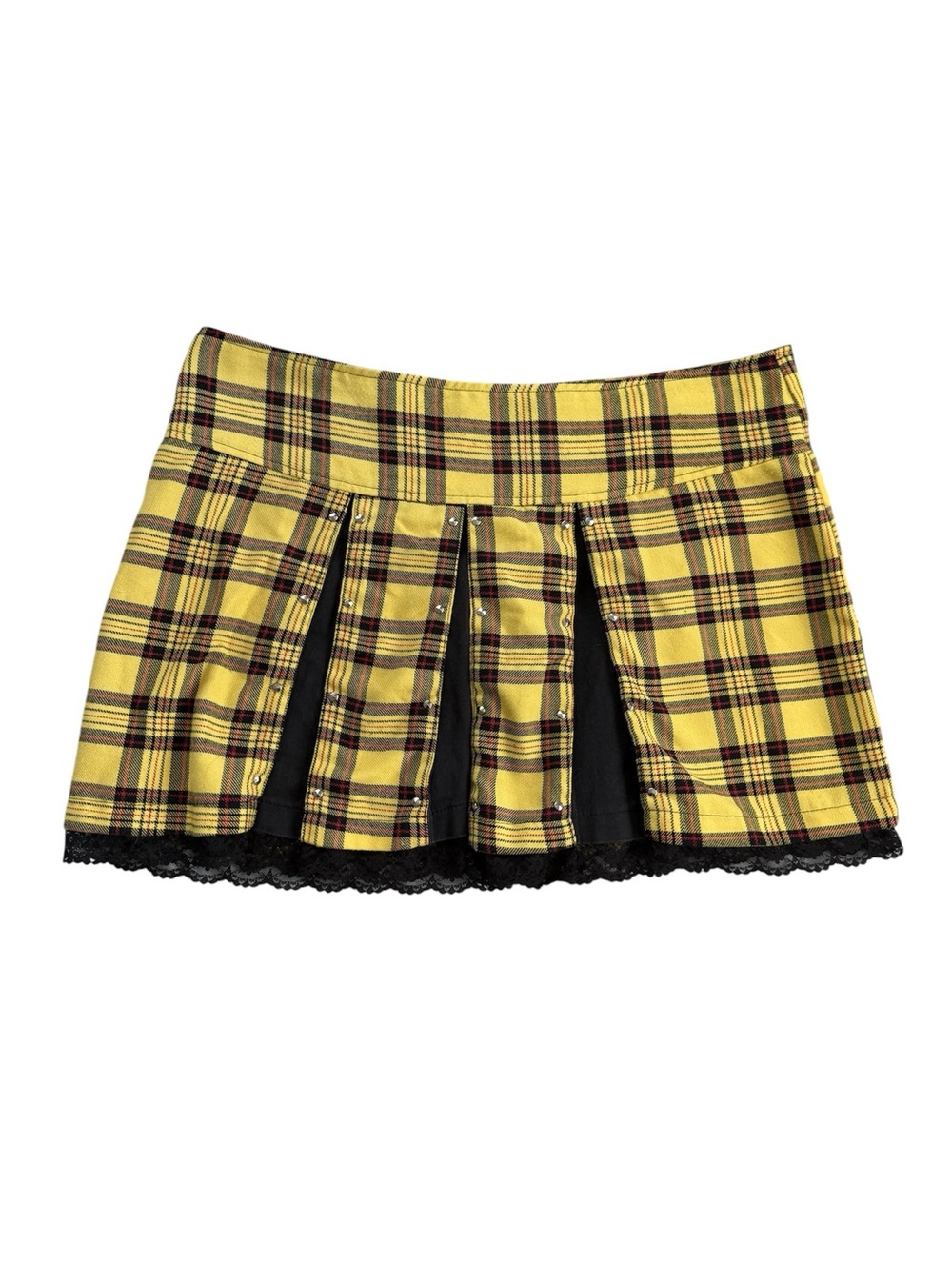 Yellow Plaid Mini Skirt with Black Lace Trim